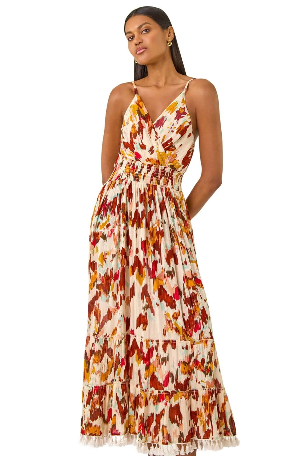 Abstract Tassel Trim Maxi Dress