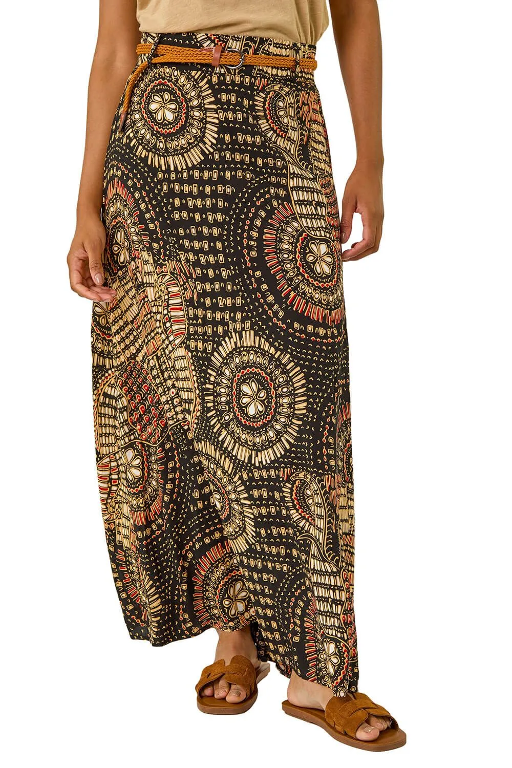 Abstract Print Belted A-Line Skirt
