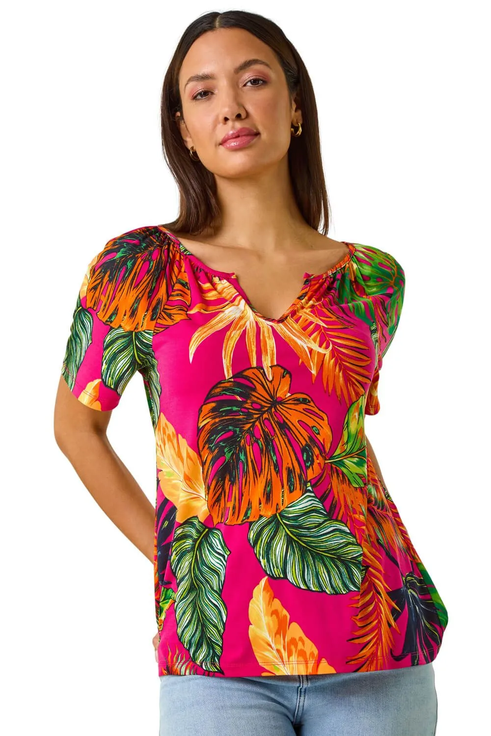 Tropical Print Notch Neck Stretch Top