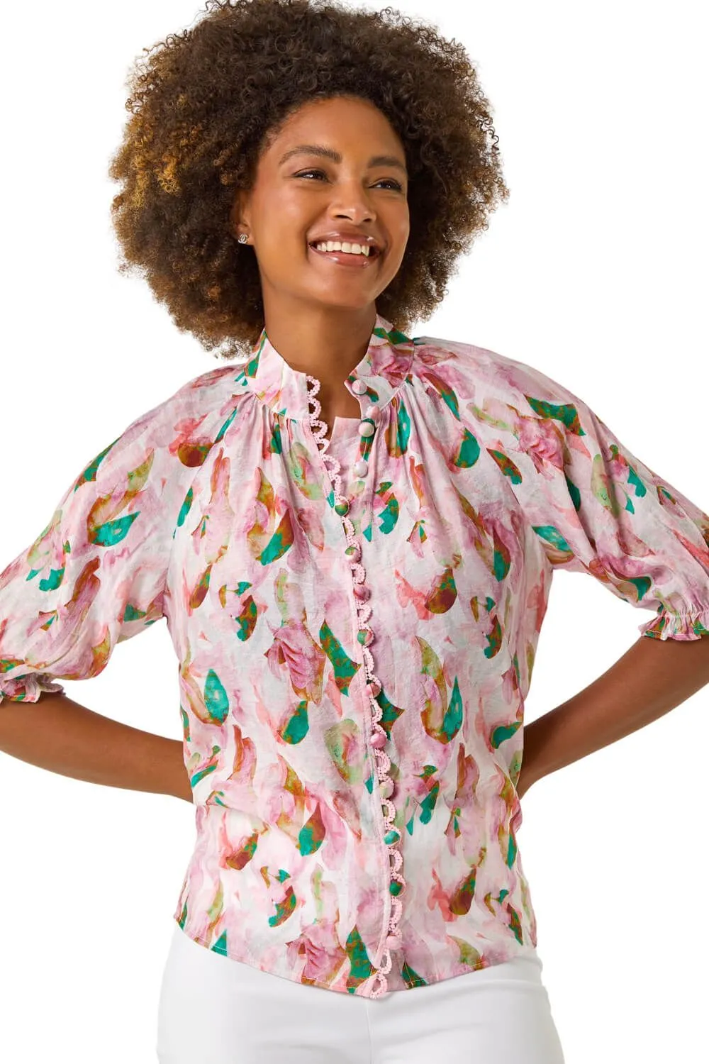 Abstract Print Trim Detail Blouse