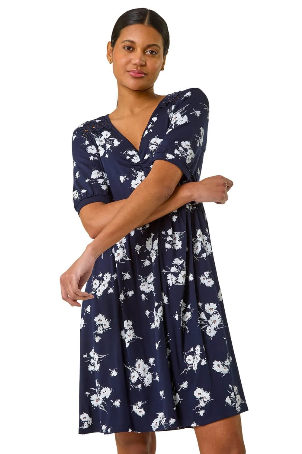 Floral Print Lace Trim Stretch Dress