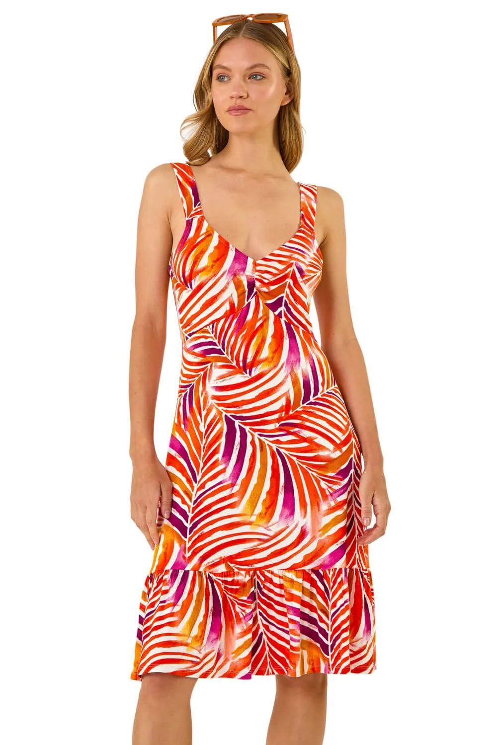 Abstract Print V-Neck Frill Dress