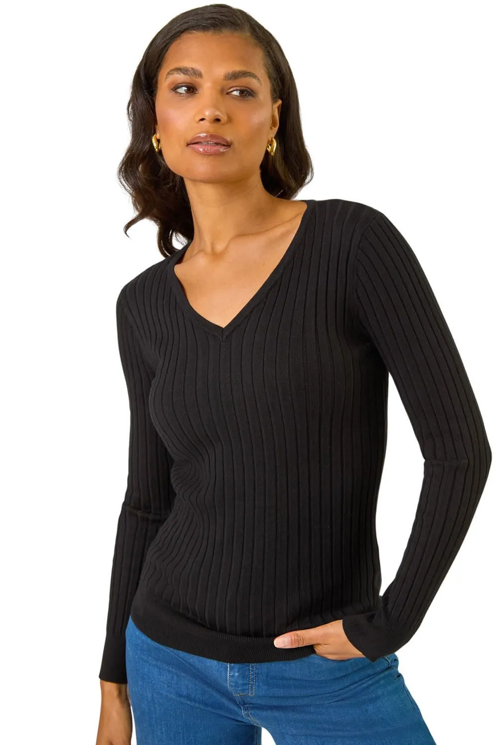 V-Neck Ribbed Knit Jumper