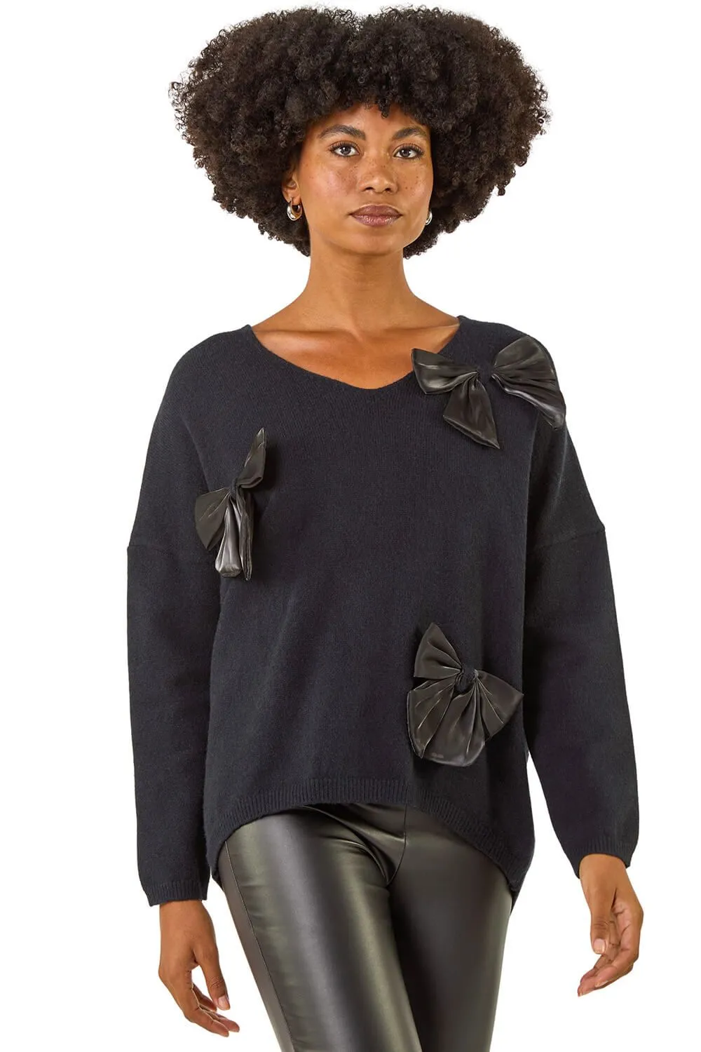 Bow Embellished V-Neck Knit Jumper