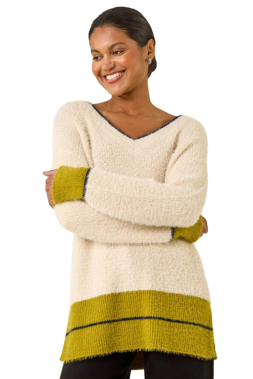 Stripe Trim V-Neck Knit Jumper