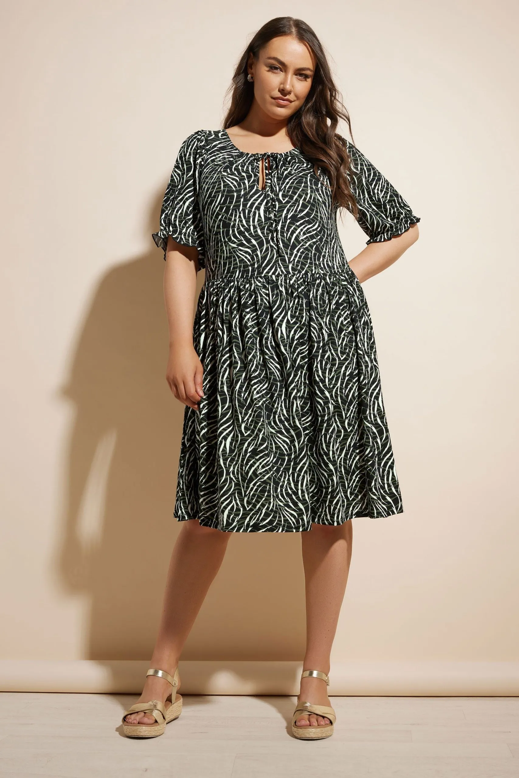 Abstract Print Tie Neck Midi Dress