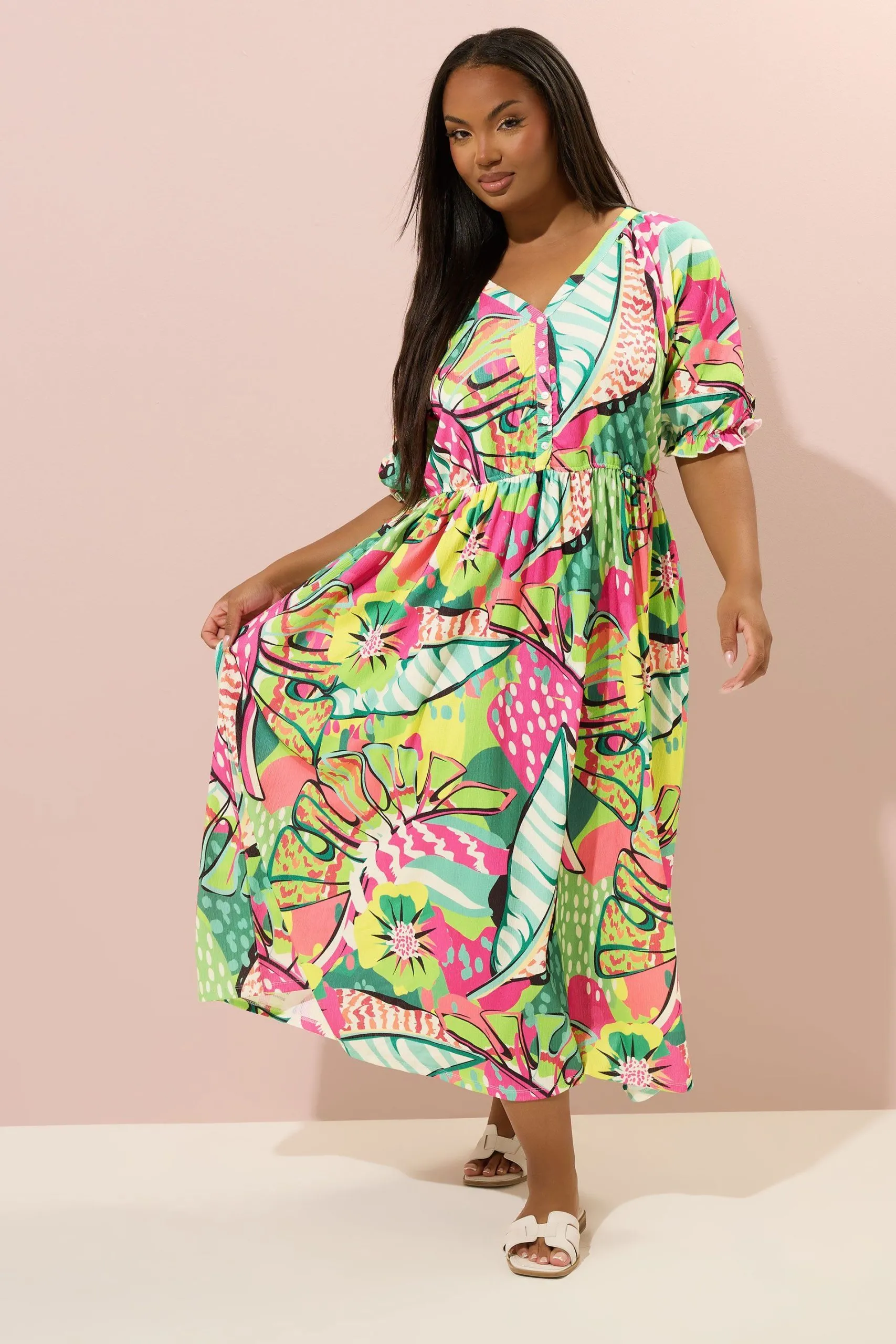 Abstract Frill Sleeve Maxi Dress