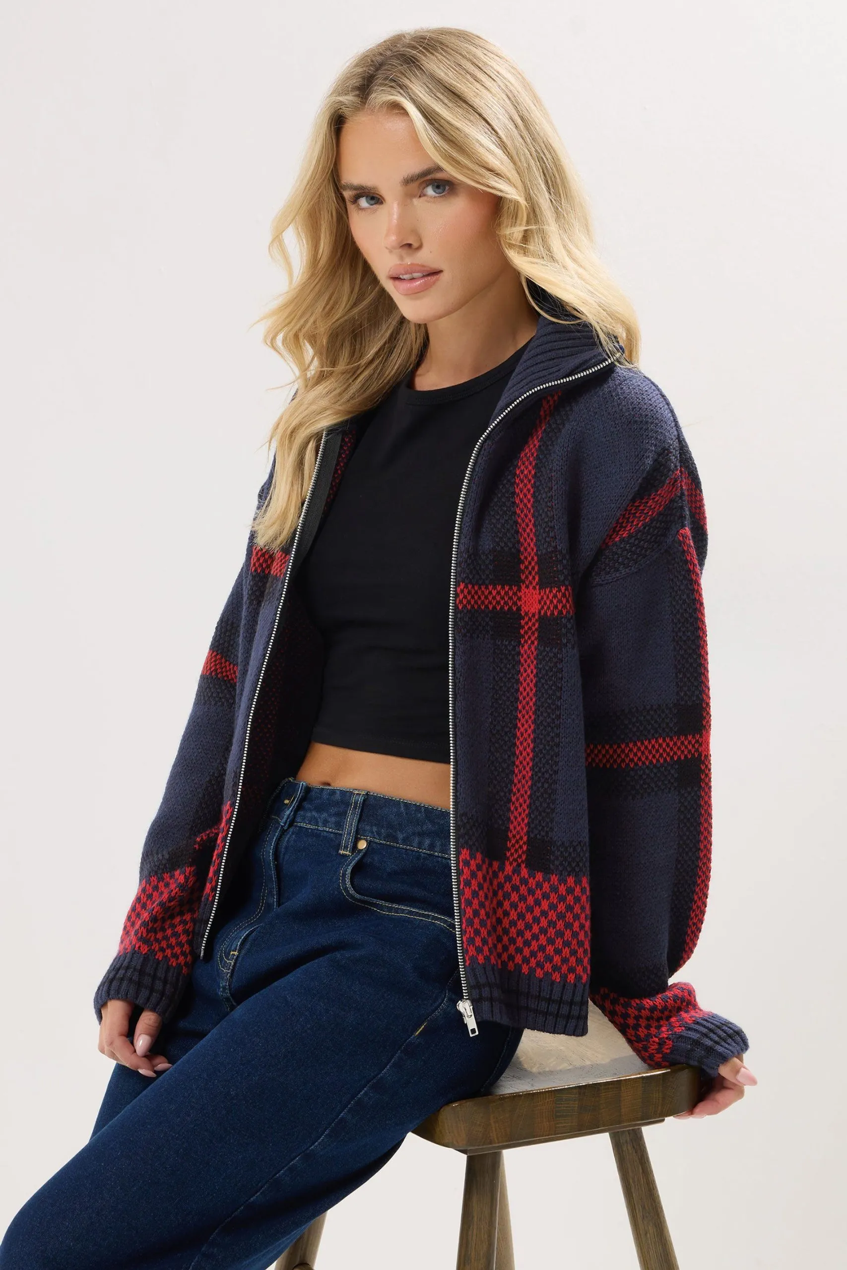 Petite Check Zip Cardigan