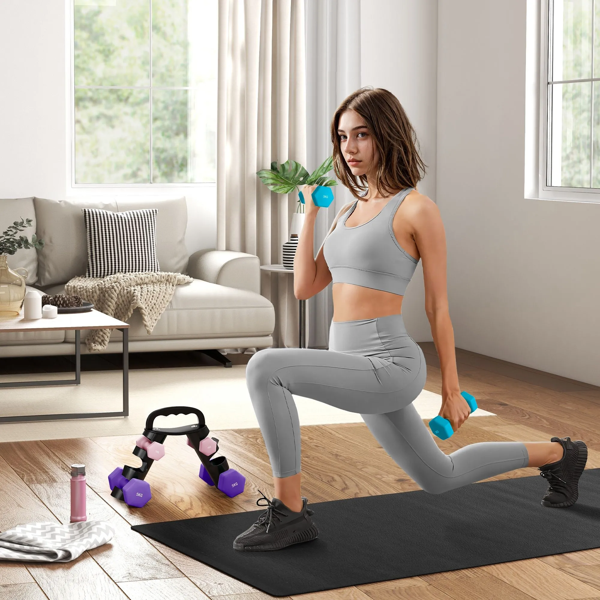 Dumbbells Set with Storage Rack, 2 x 1kg, 2 x 3kg, 2 x 5kg, Pink