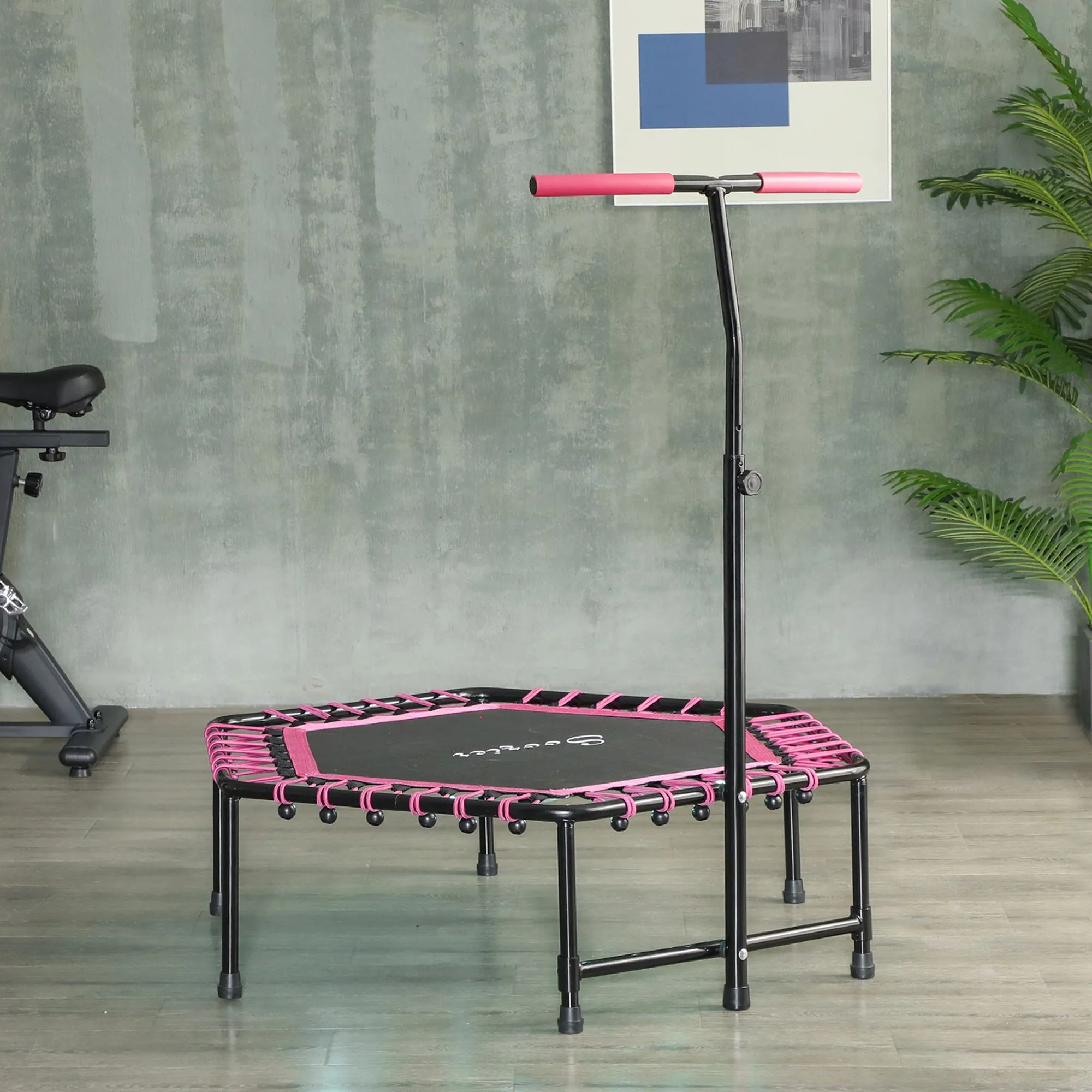 45" Fitness Trampoline with Adjustable Handle, LED Lights, Pink