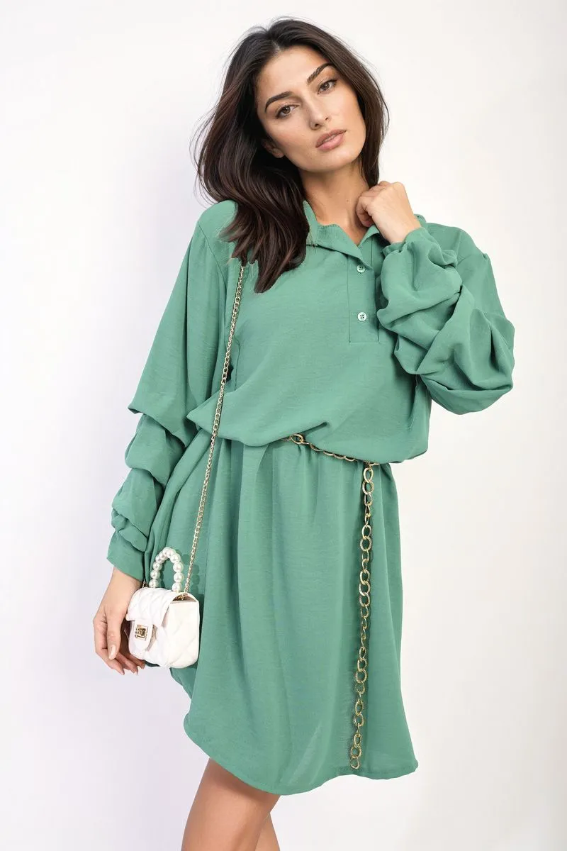 Susana Ruffle Sleeve Pocket Button Front Blouse Dress