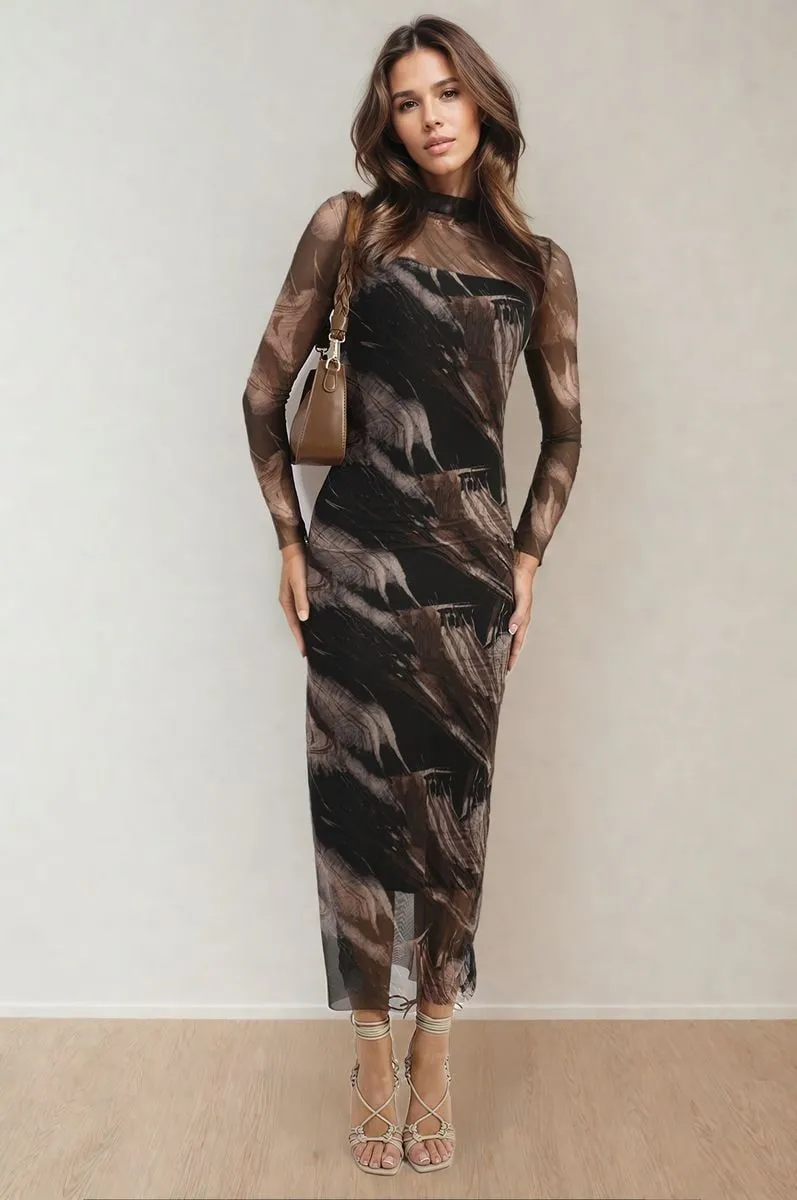 Sylvia Printed Mesh Long Sleeve Midi Dress