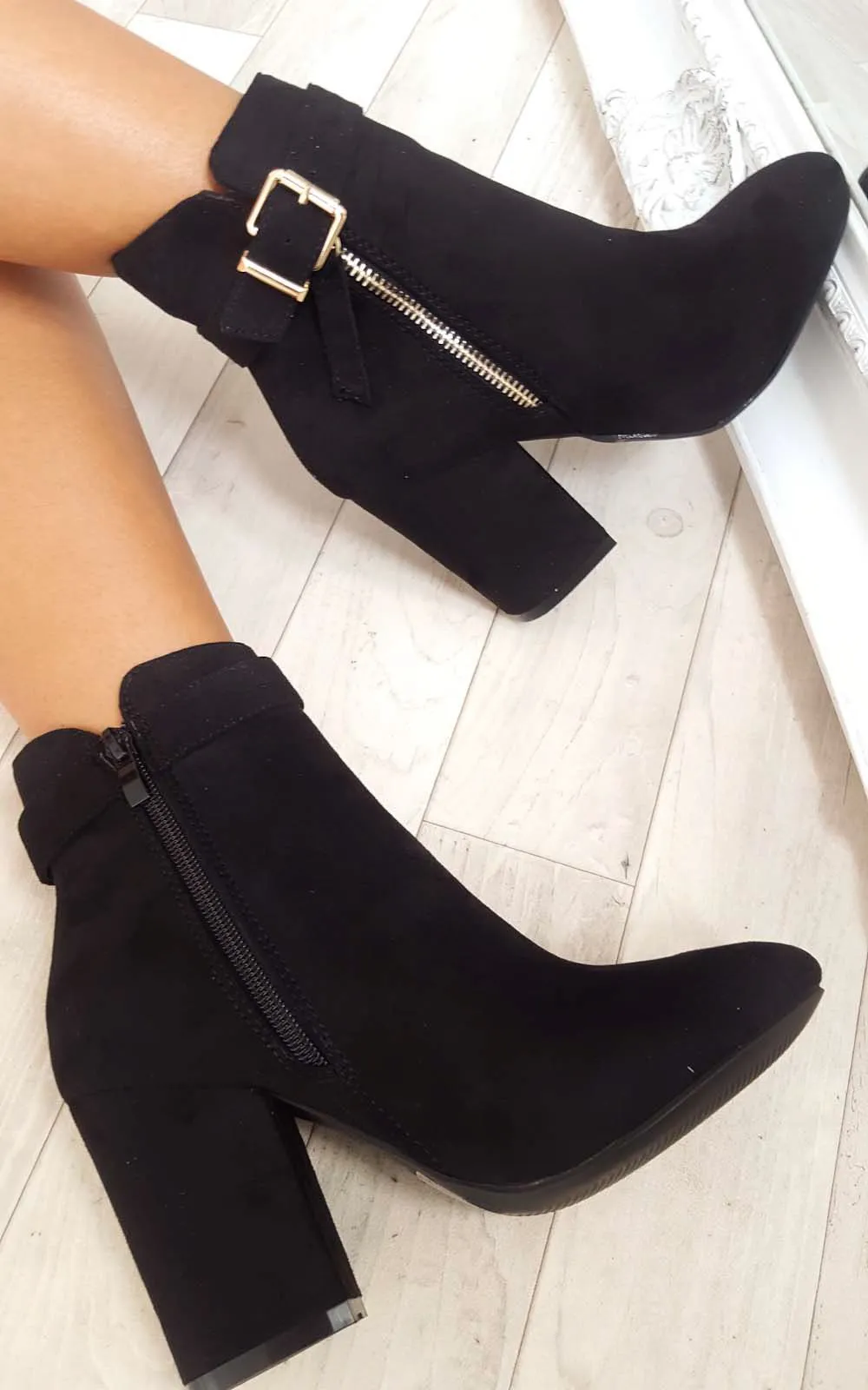 Misa Buckle Faux Suede Ankle Boots
