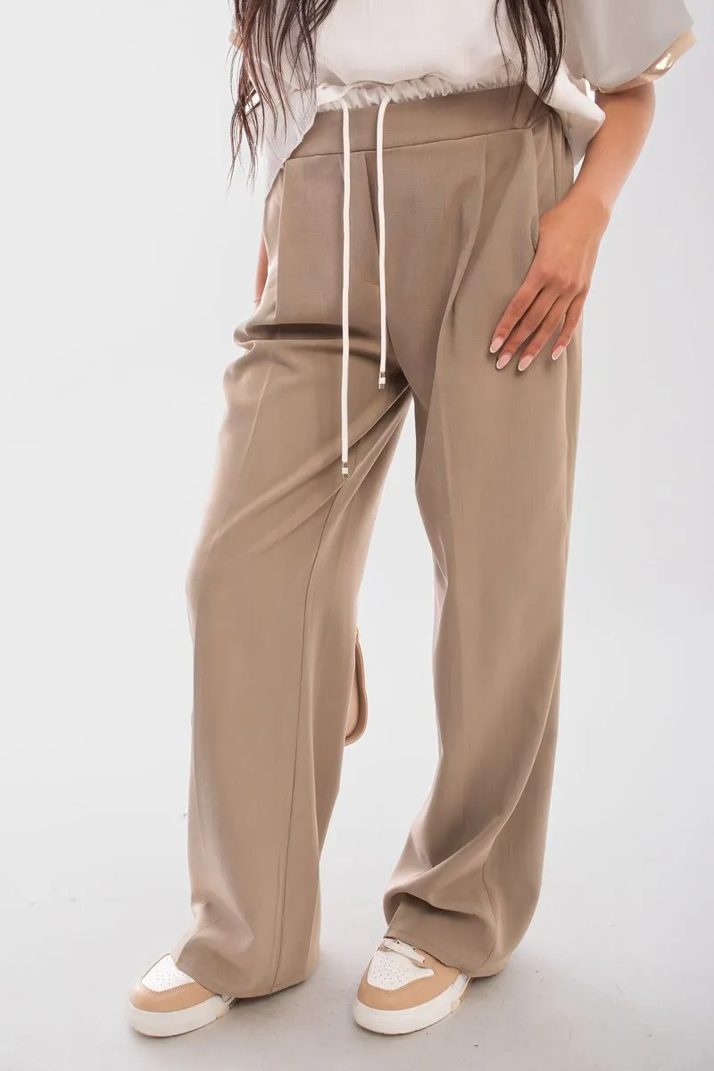 Vivian Double Waist Band Drawstring Wide Leg Trousers
