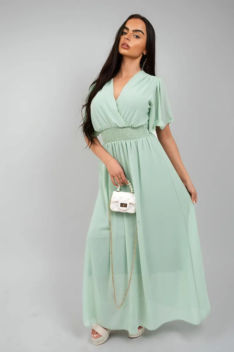 Elsie Smocked Waist V Neck Short Sleeve Flowy Maxi Dress