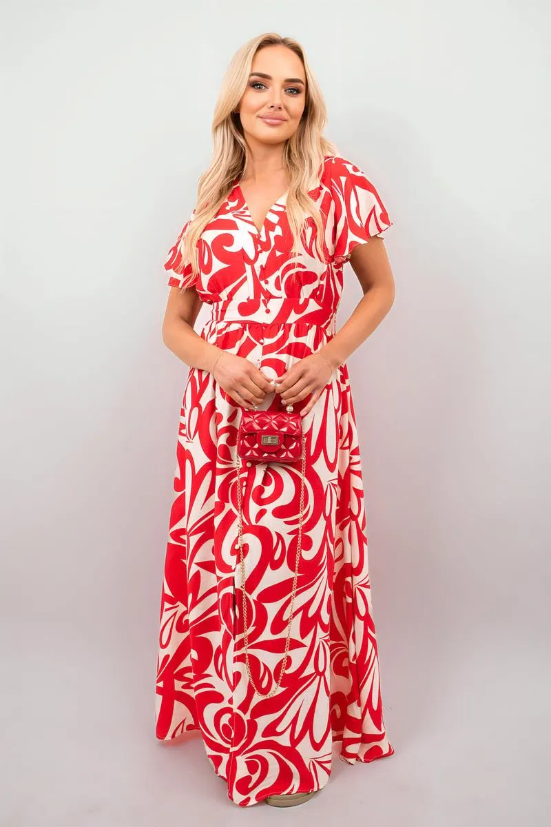 Celia Printed Short Sleeve Button Down V-neck Maxi Dress