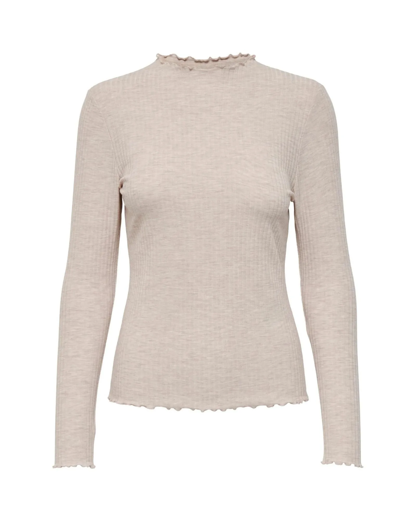 Ribbed Mock Neck Long Sleeve Top- Beige Knitwear