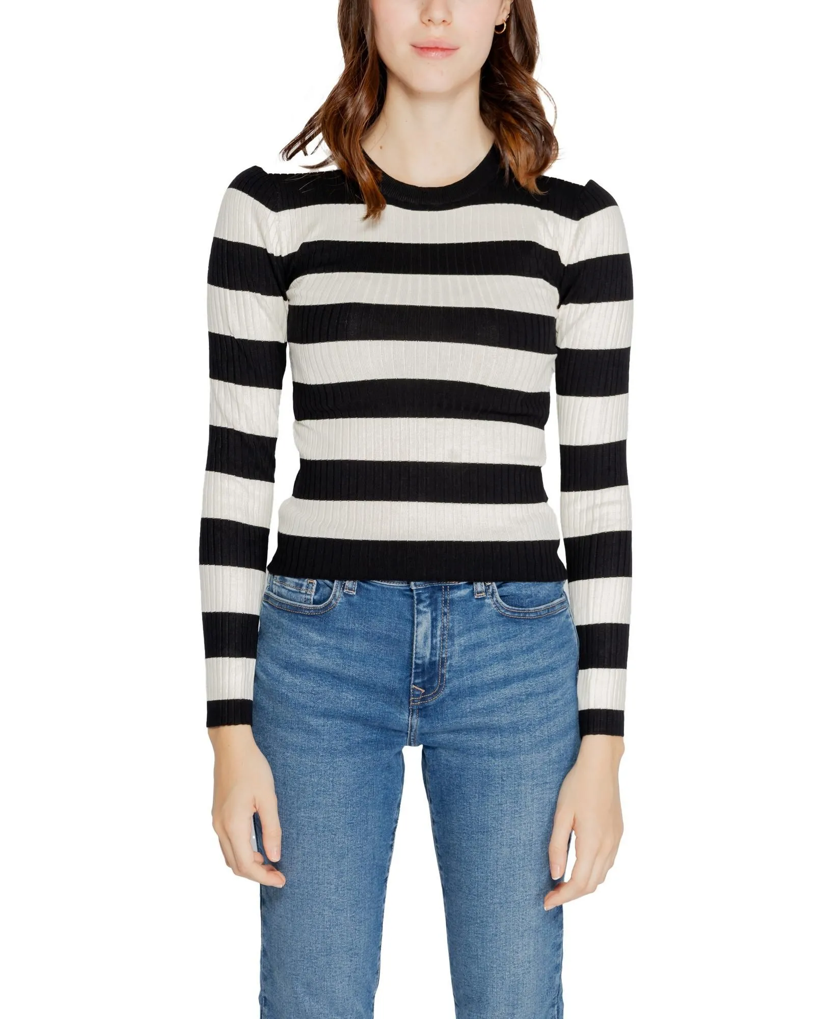 Ribbed Knit Striped Sweater- Black Knitwear