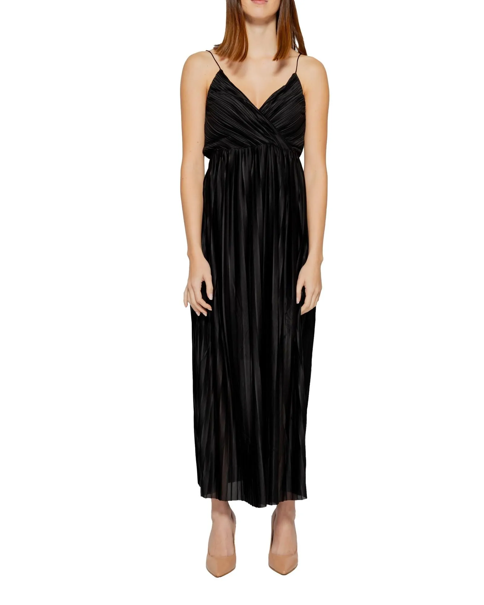 Pleated Maxi Dress Sleeveless VNeck- Black Dresses
