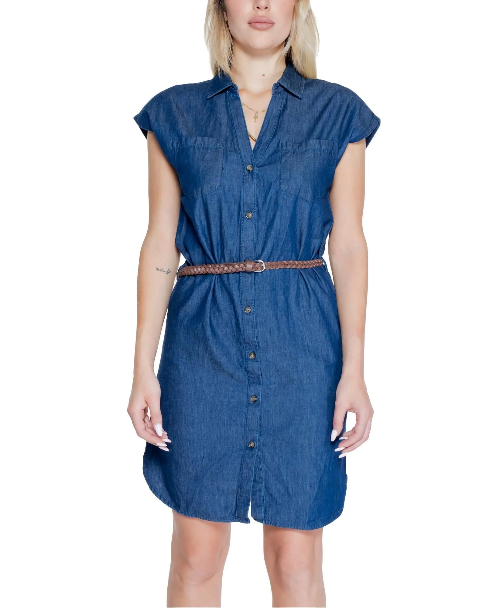 Blue Plain Cotton V-Neck Dress with Button Fastening