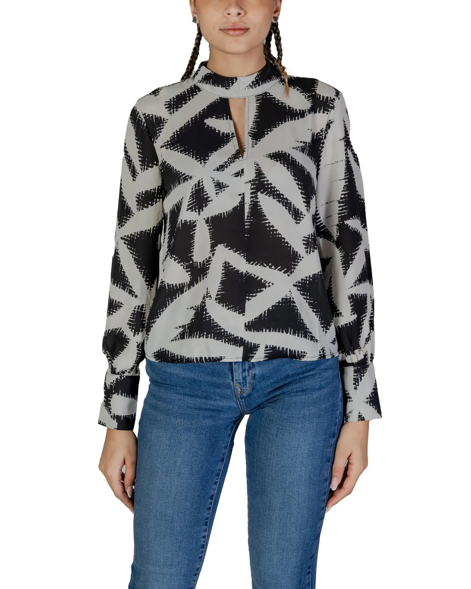 Abstract Print Blouse Long Sleeve Keyhole Neck Top- Orange