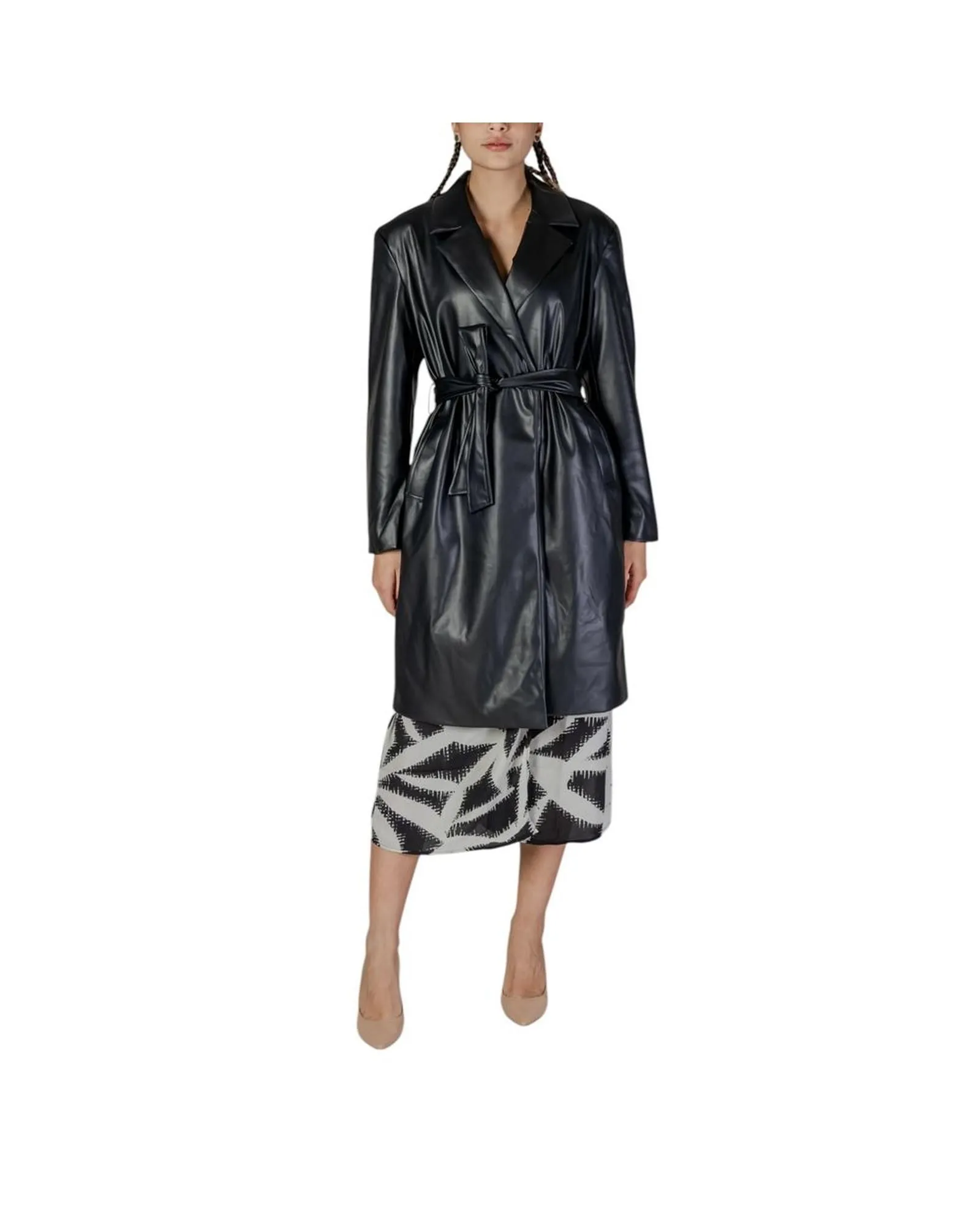 Faux Leather Belted Trench Coat- Black Jackets