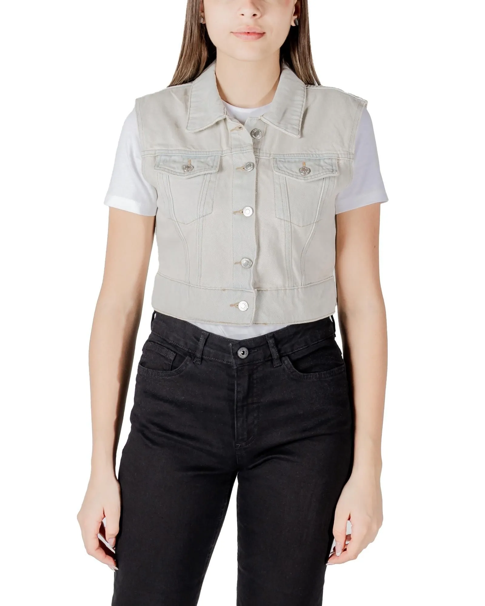 Cropped Denim Vest- Beige Gilets