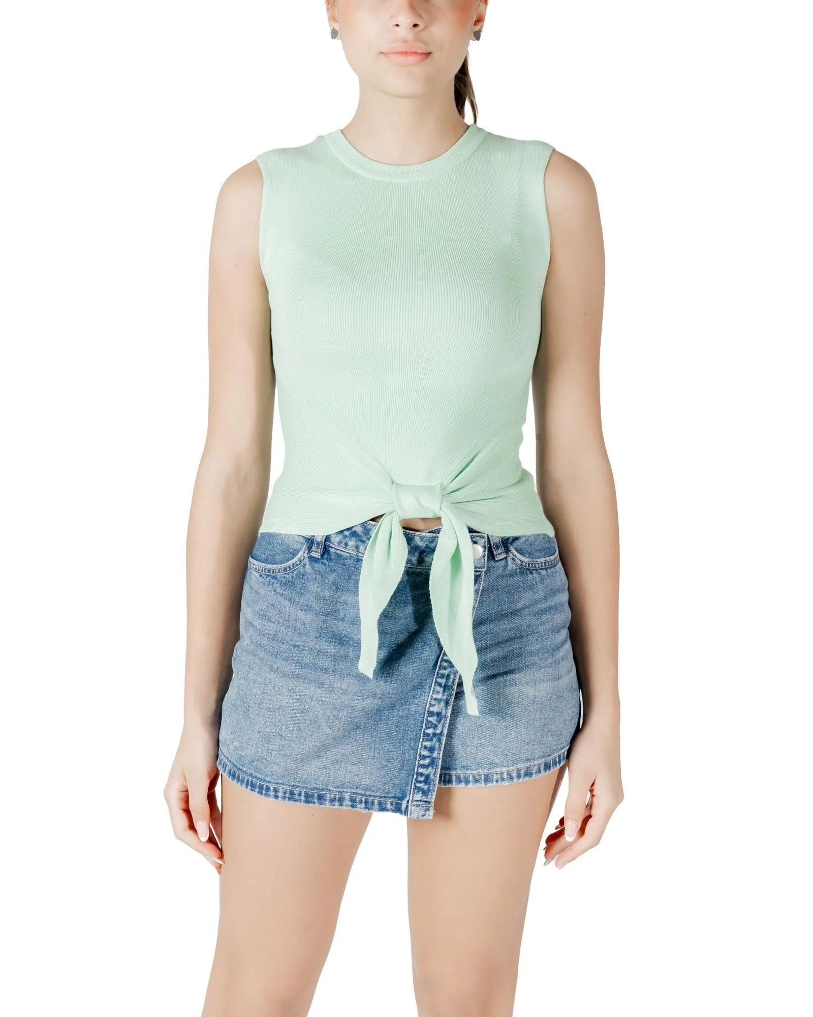 Knotted Front Knit Sleeveless Top Wo - Green