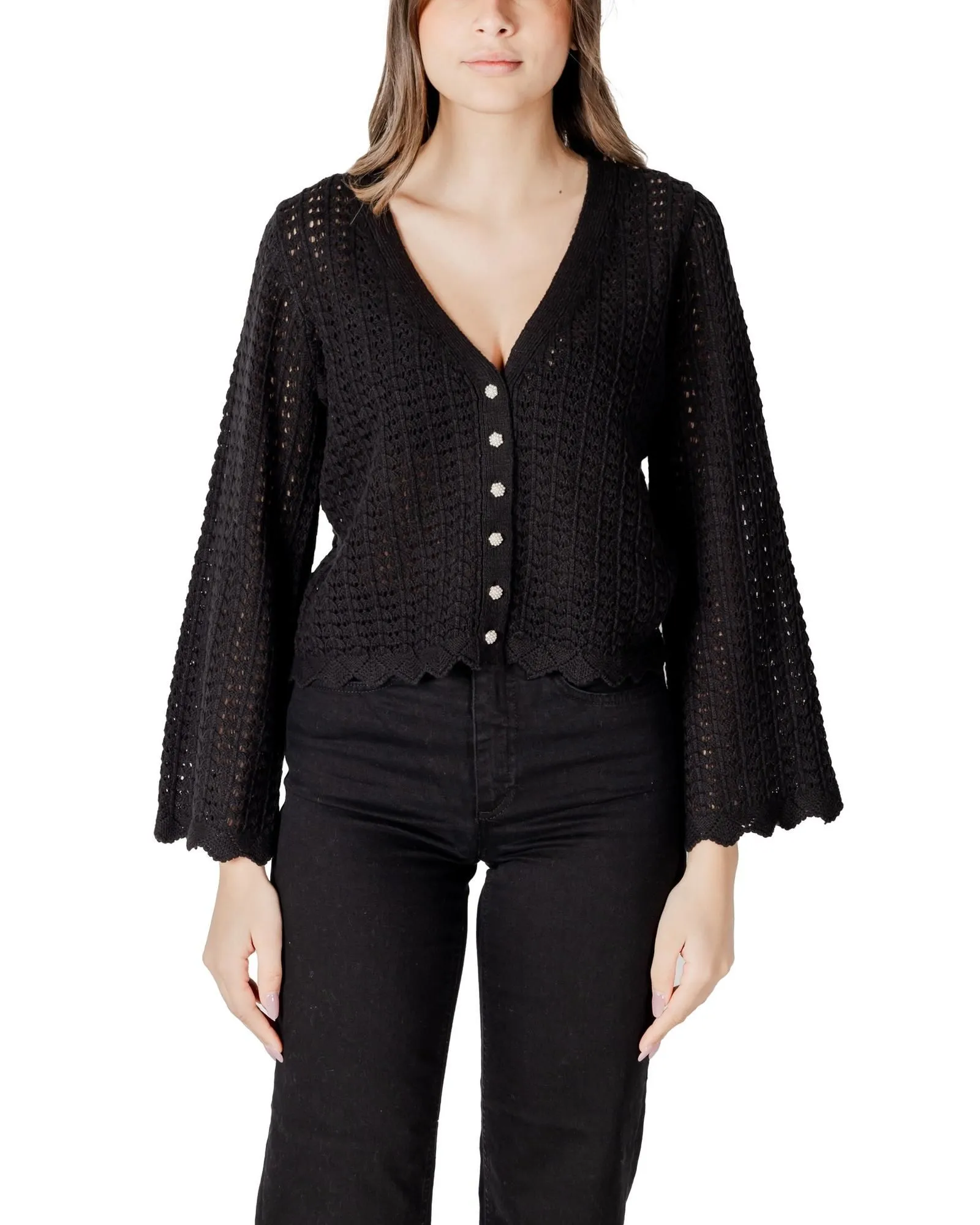 Cropped CardiganKnit CardiganBell Sleeves- Black Sweaters