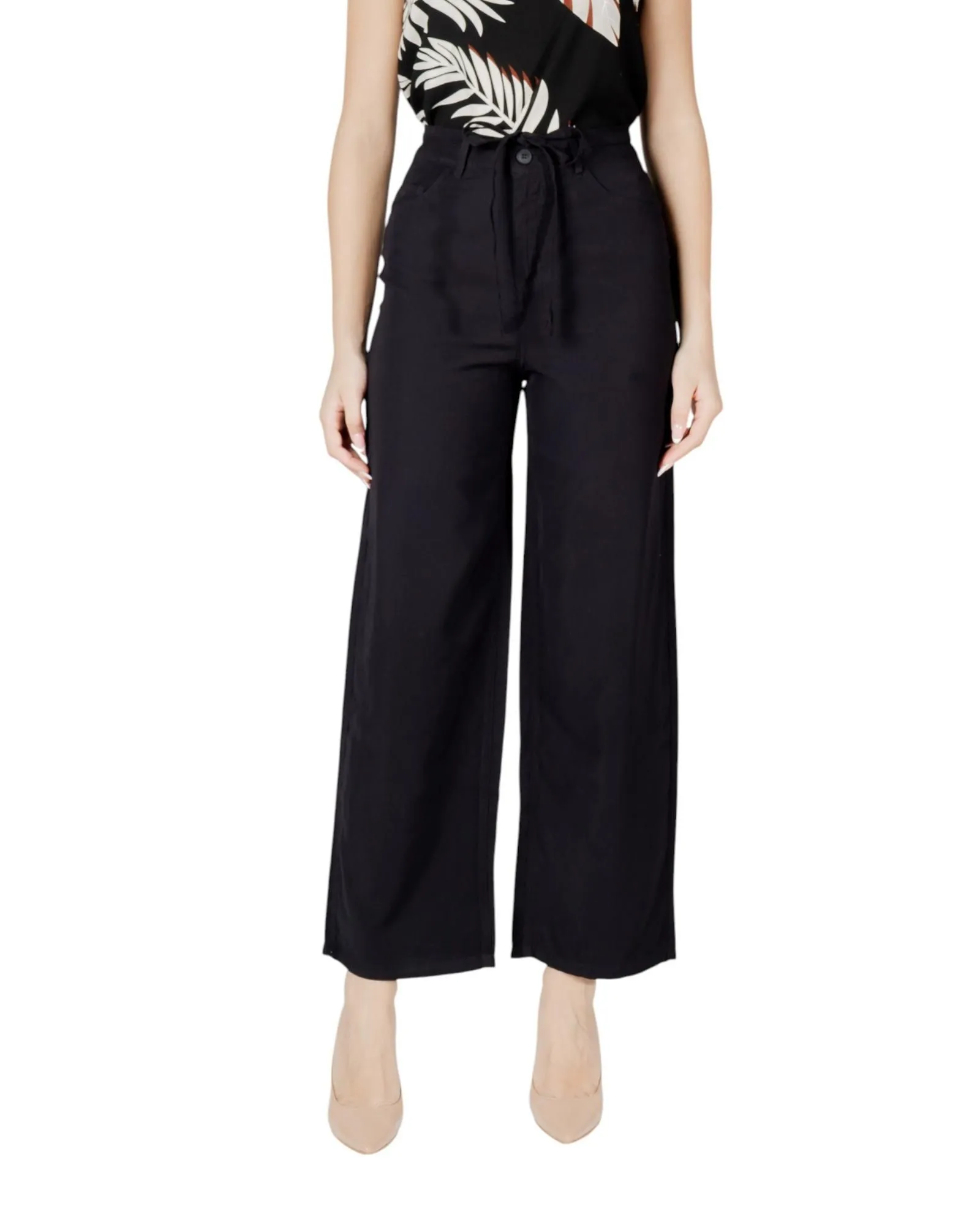 Wide Leg Pants Drawstring Waist Wo - Black Trousers