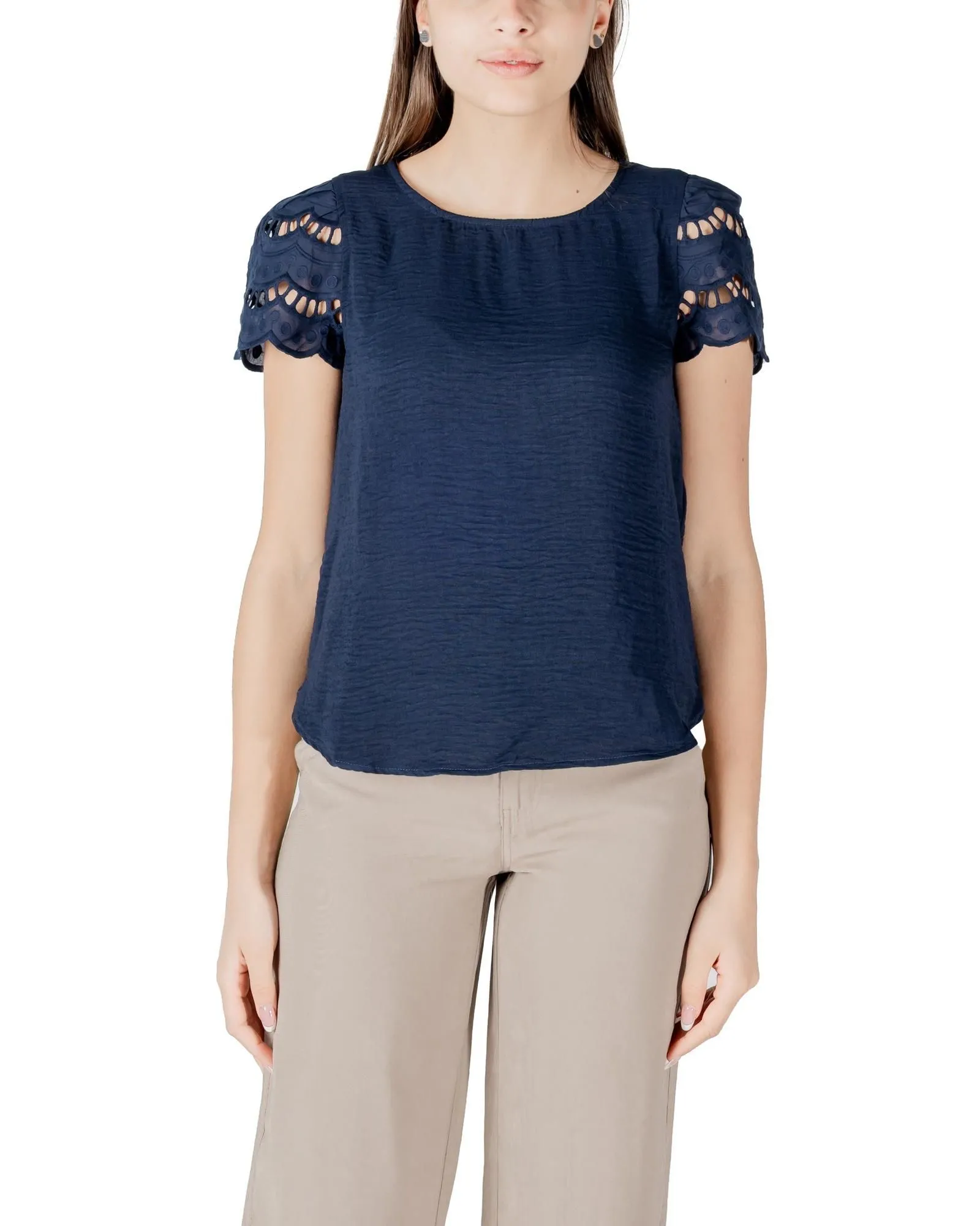 Eyelet Lace Detail Blouse- Blue Shirts