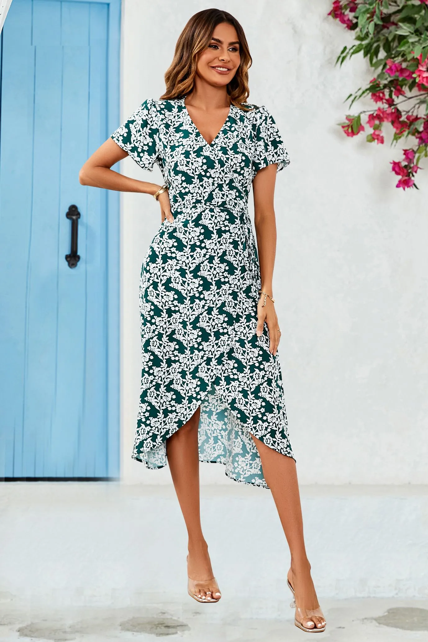 White Floral Print Wrap Midi Dress In Dark Green