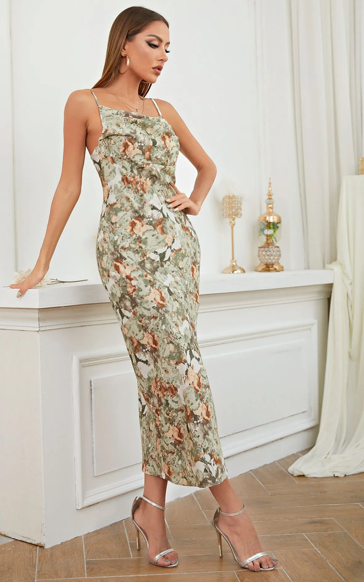 Cowl Neck Satin Slip Cami Midi Dress Green Print