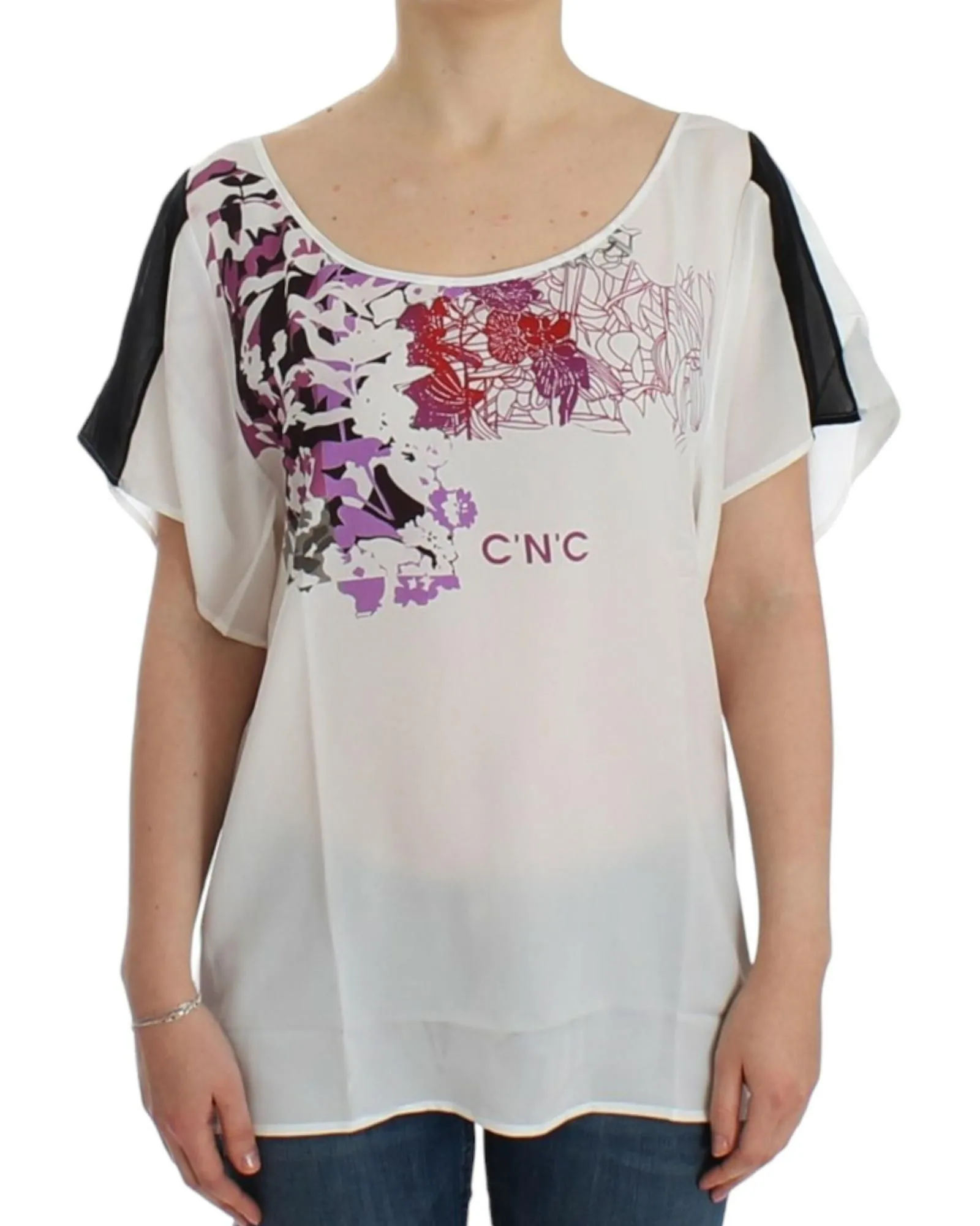 Floral Print Silk Blouse Short Sleeves- White T-Shirts