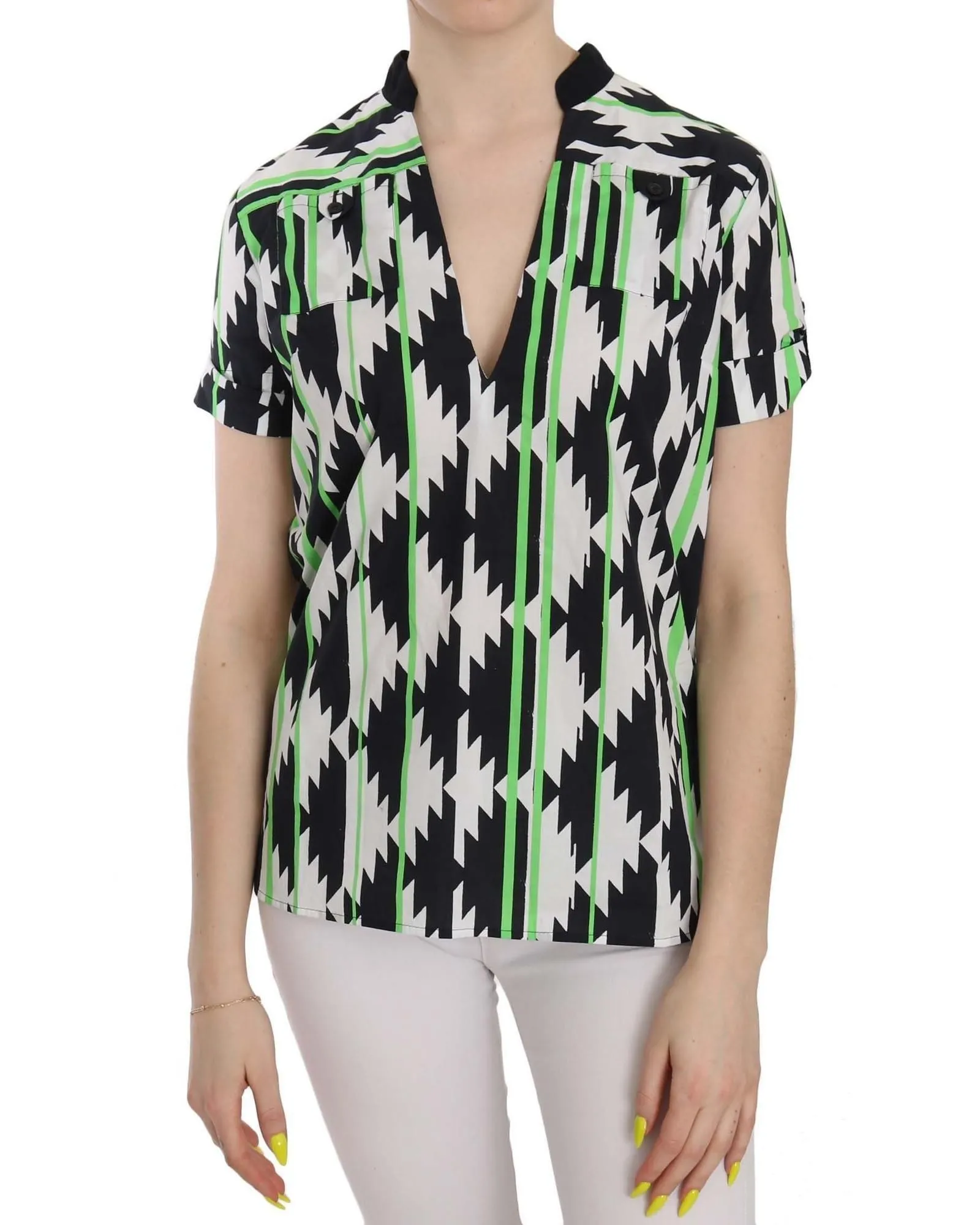 Geometric Print Short Sleeve VNeck Top- Multicolor T-Shirts