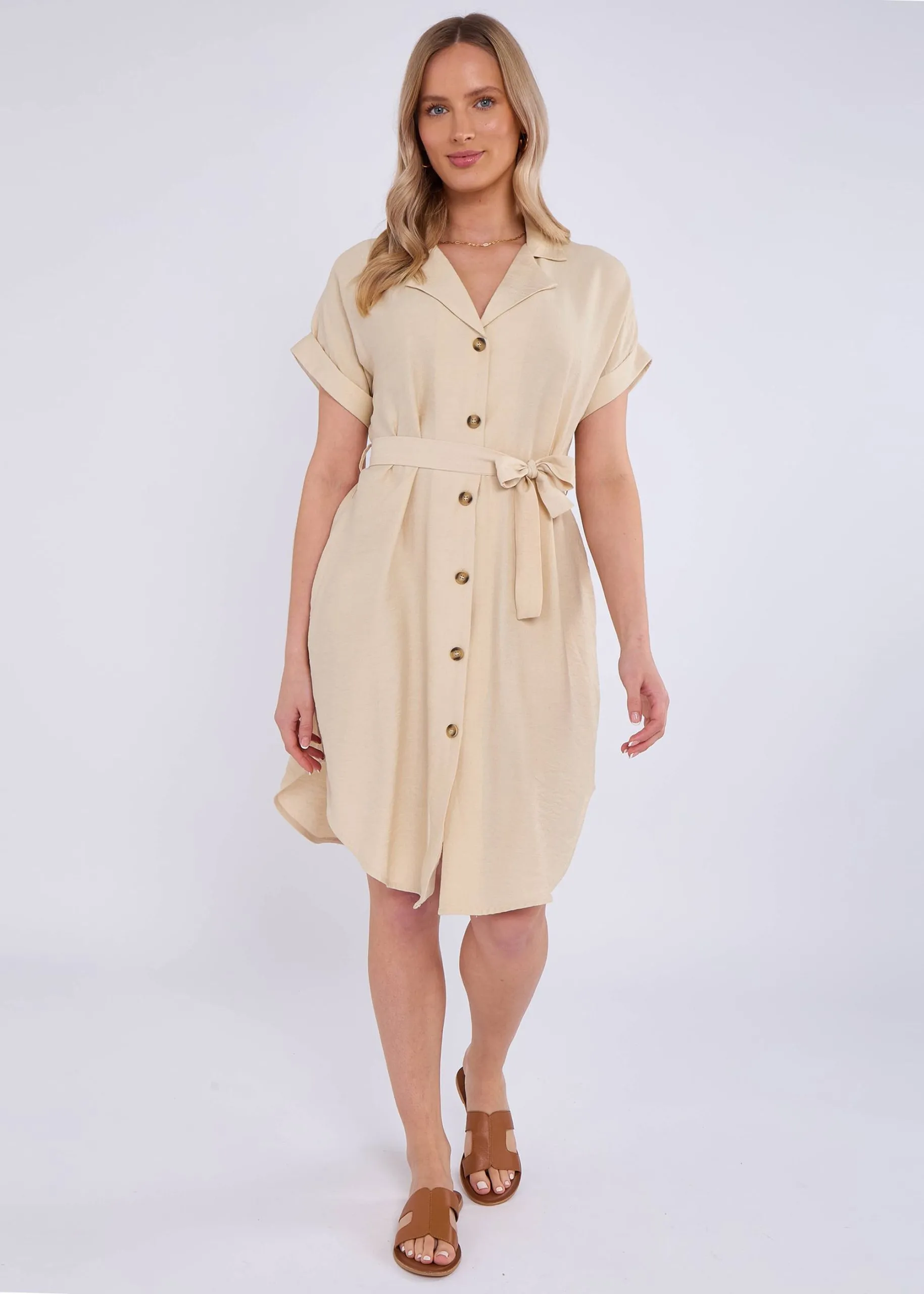 Beige Utility Belted Oversized Viscose Shirt Dress