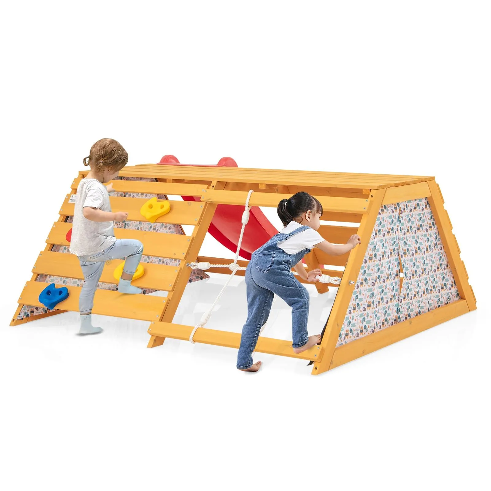 5-in-1 Jungle Gym Wooden Indoor Playground With Slide & Climbing Wall