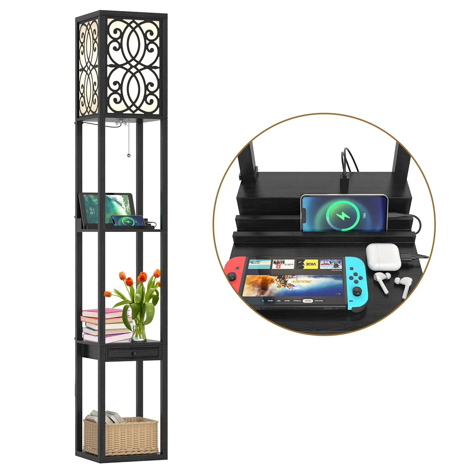 Modern Shelf Lamp Floor Lamp Nightstand With Drawers & 2 USB Ports