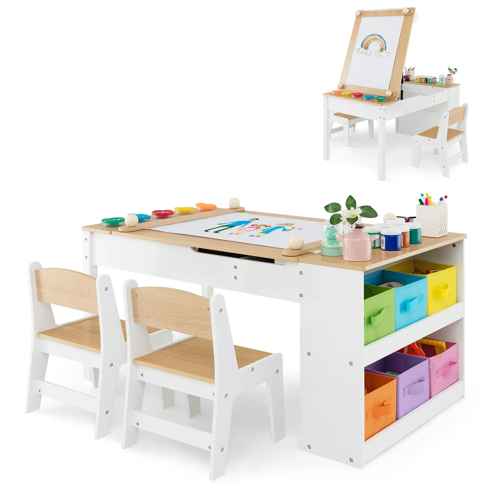 Kids Art Table and Chair Set With Lift Up Tabletop & 6 Storage Bins
