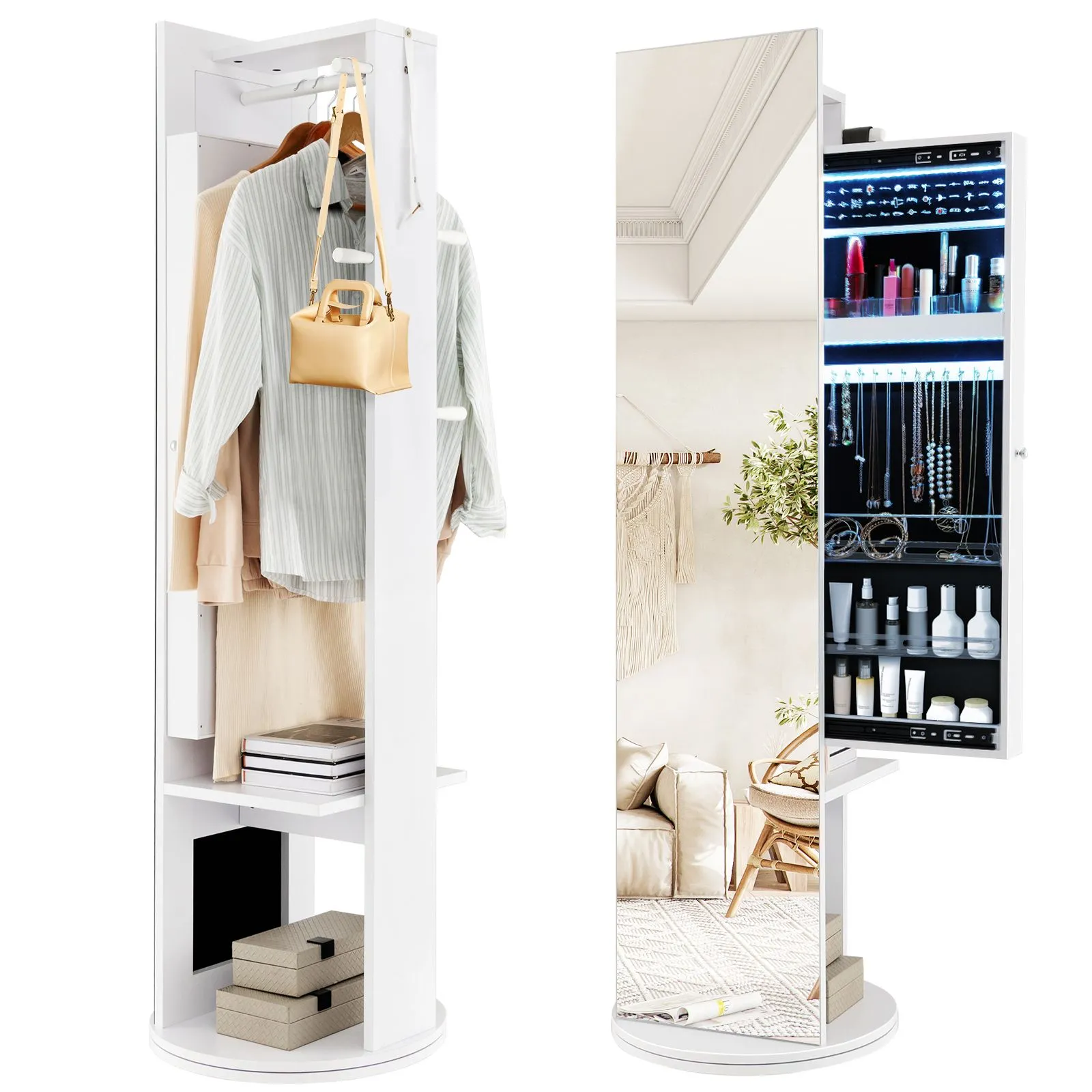 Swivel Jewelry Armoire Cosmetics Cabinet Coat Rack With Mirror & Light