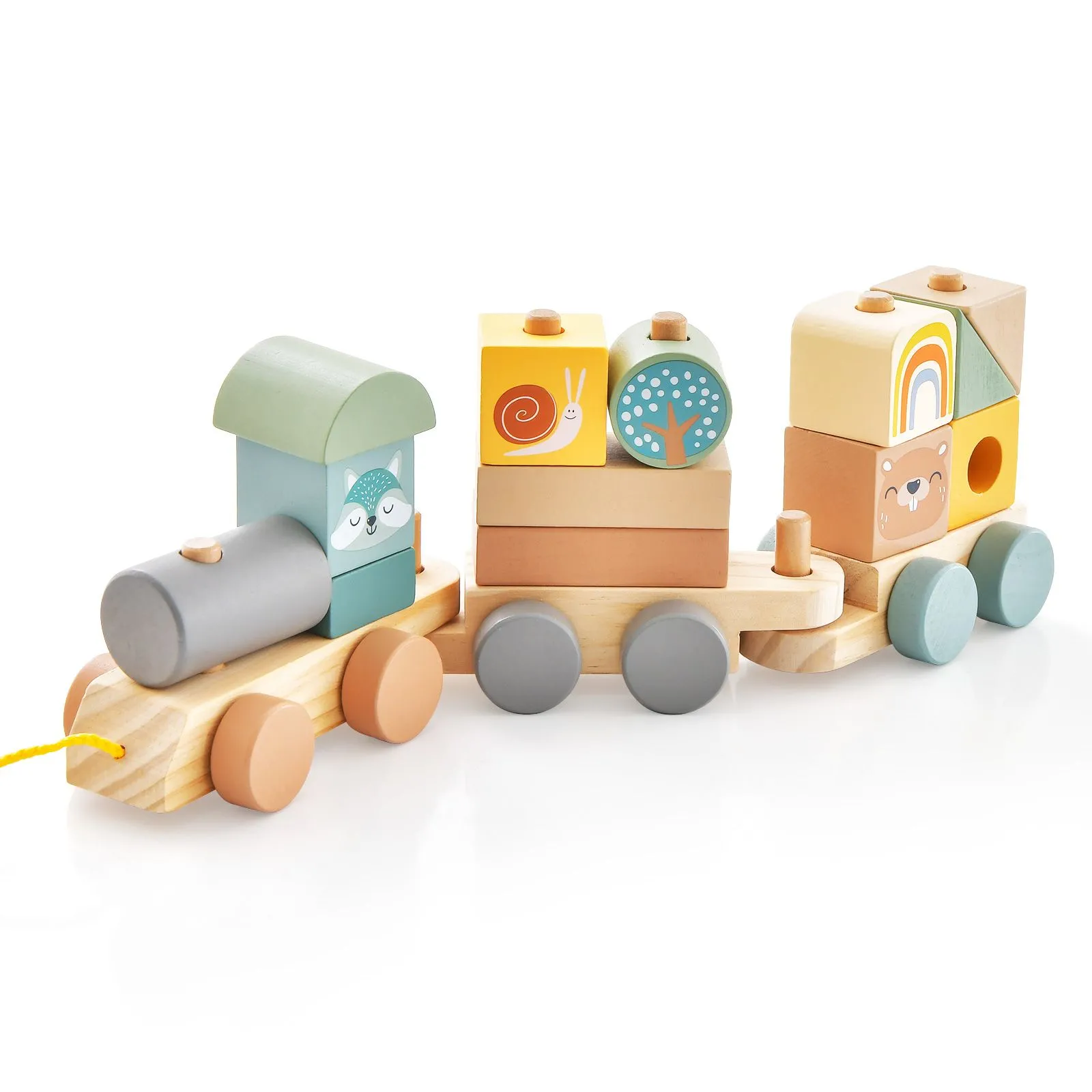 Wooden Train Set with Stacking Wooden Blocks Cute Animal Patterns Toy