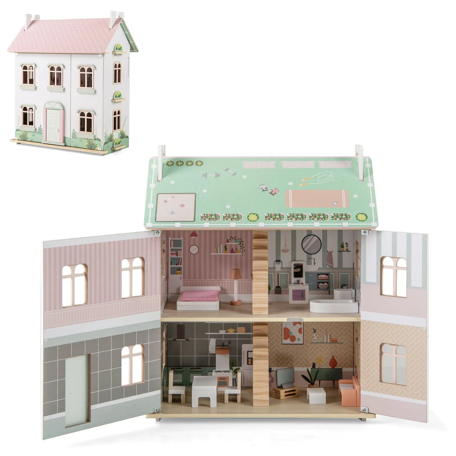 Kids Openable Doll House Set With Double-sided Roof & Furniture for 3+