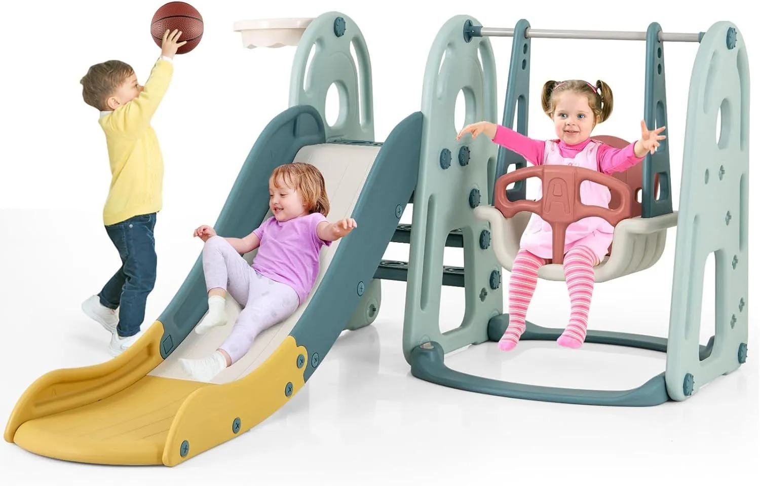 4-in-1 Slide and Swing Set With Basketball Hoop & Climber