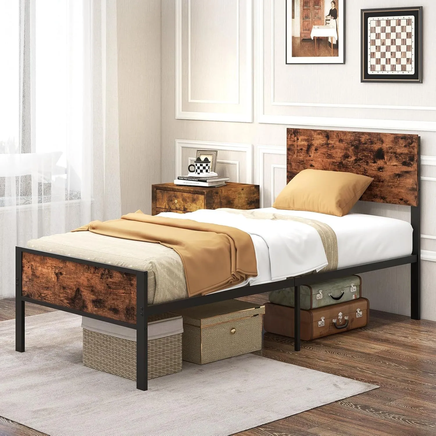 Single Size Metal Bed Frame Platform Bed With Headboard And Footboard