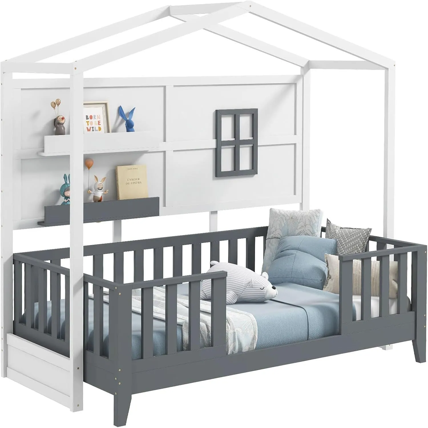 Single House Shaped Bed Frame With 2 Shelves & Guardrails Montessori Bed