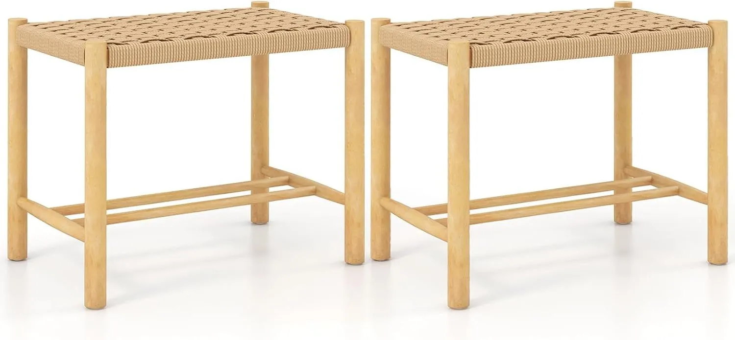 Dining Stool Set of 2 Cozy Saddle Seat Woven Paper Seat Rubber Wood