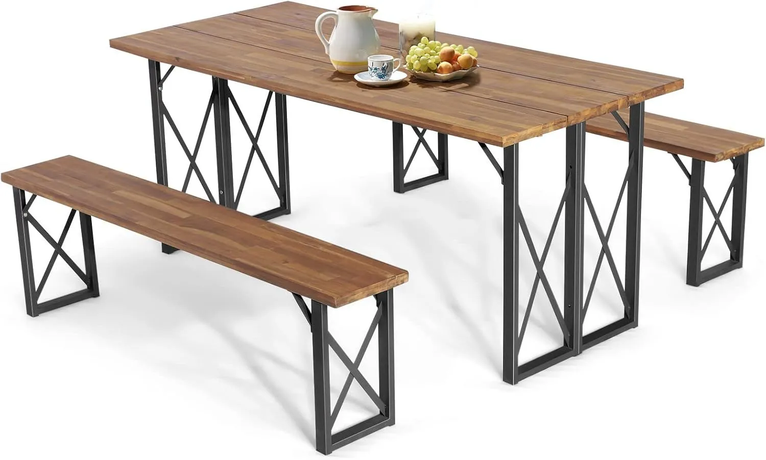 Picnic Table & Bench Set Outdoor Dining Table 2 Benches Umbrella Hole