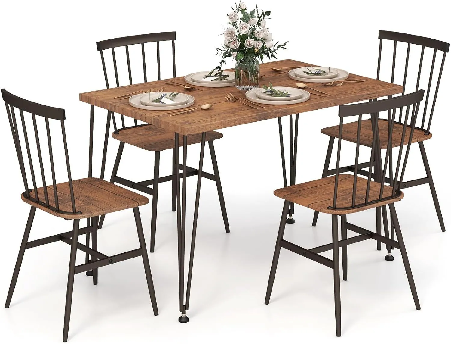 5PCS Dining Table Set Kitchen Table & 4-Chair Metal Frame Space-Saving