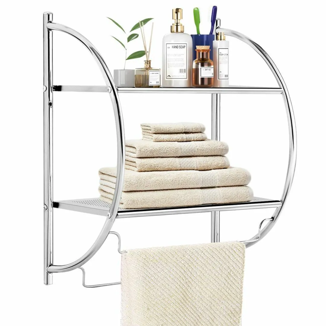 2-Tier Wall Mount Bathroom Shelf Towel Bars Double Layer Toilet Rack