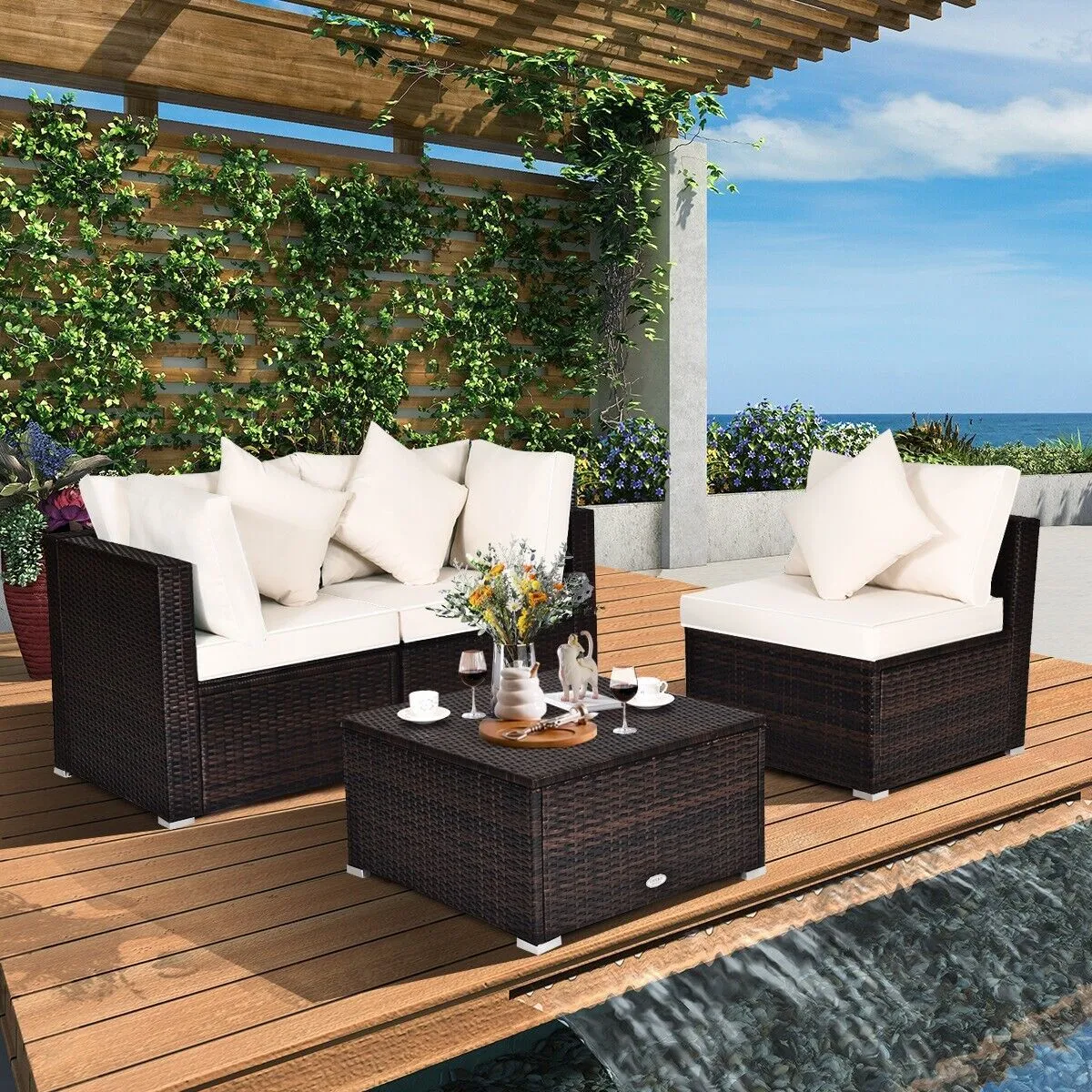 4PCS Patio Furniture Set Wicker Sofa & Ottoman Set With Coffee Table